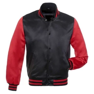 Chaqueta de bombardero satinada roja y negra vintage chaqueta universitaria negra béisbol lettermen - Imagen 1 de 4