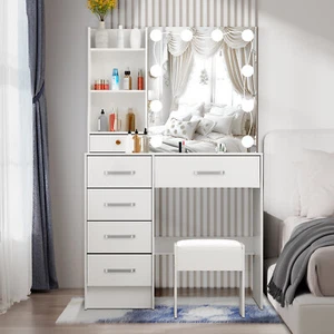 Vanity Set Makeup Dressing Table with LED Lightd Mirror W/ 6 Drawers & Stool - Picture 1 of 8
