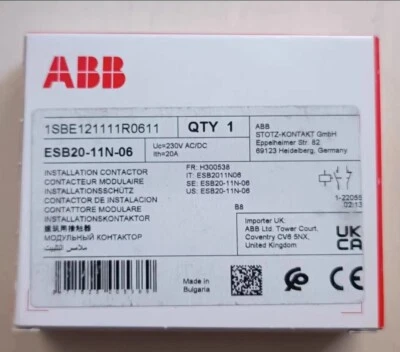 1pc ABB ESB20-11N-06 Installation Contactor 230V AC/DC 1SBE121111R0611 - Image 1 of 3