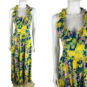Vtg 70s Blue Yellow Bright Hippie Floral Halter Maxi Dress Ruffles Women Size XS - Picture 1 of 6
