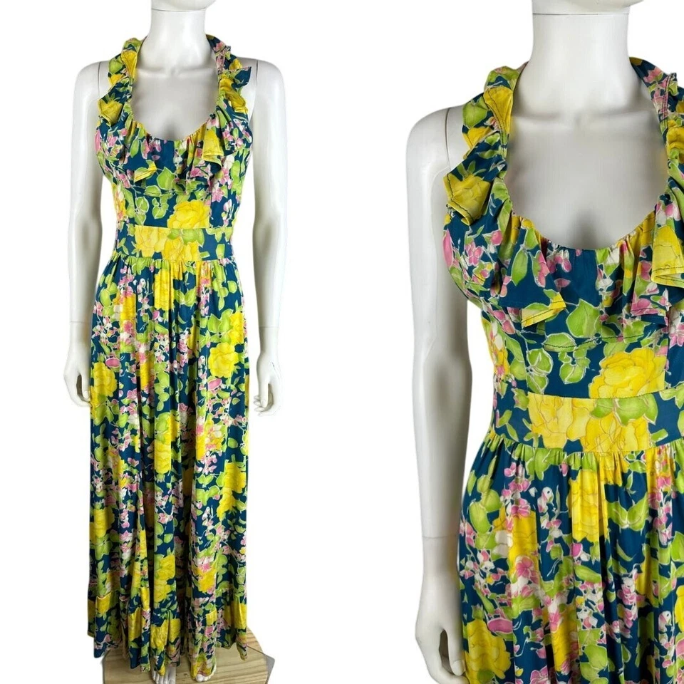 Maxi Vestido Halter Floral Hippie Brillante Azul Amarillo Años 70 De Colección Volantes Mujer Talla XS Foto 1 de 4