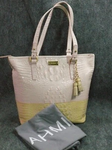 Brahmin Leather Dandelion Cream Yellow Pink Tote Handbag Dust Bag EUC - Picture 1 of 20