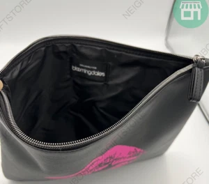 Bloomingdale's Large 11"x8.5" Hot Pink Lips Black Faux Leather Makeup Bag NEW - Picture 1 of 3