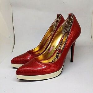 Baby Phat Size 7.5B Red Glitter Stilettos Heels-Gold Charm Bracelet Ankle Strap