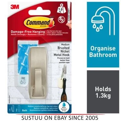 3M Command Bathroom Medium Modern Satin Nickel Metal Hook│Damage-Free│Easy Apply - Image 1 of 4