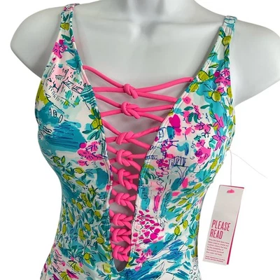 Lilly Pulitzer Swimsuit Womens Sz 0 Isle Lattice One Piece Postcards Nwt $138 - Image 1 of 4