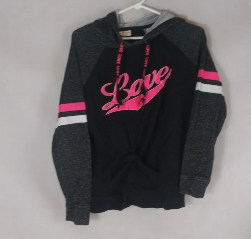 Bobbie Brooks Black & Gray Pink Love Graphic Design Tie Front Hoodie Size Medium - Image 1 of 4