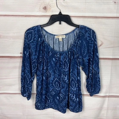 Michael Kors Top Womens PM Blue Paisley Blouse 3/4 Sleeve Scoop Neck Pullover - Image 1 of 4