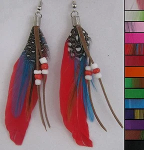 Feder Ohrringe mit Perlen Leder Streifen Handmade in USA E01 - Bild 1 von 13