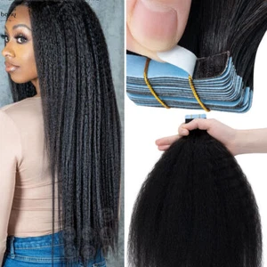 Tape in Hair Extensions 100% Remy Real Human Hair Skin Weft Black Kinky Straight - Picture 1 of 18