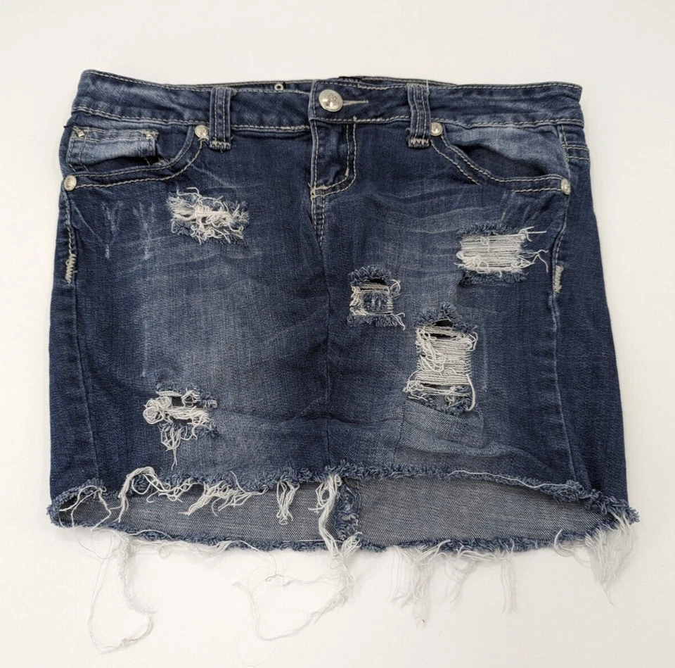 Rue21 Premiere Blue Studded & Rhinestone Distressed Denim Skirt Size 7/8R - Image 1 of 4