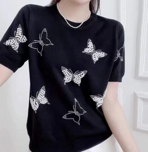 Women Short Sleeve Crew Neck Knit Crop Top Tee Shirt Pullover Pearl Blouse - Picture 1 of 3