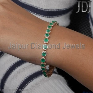 Solid 14k Gelbgold Armband Natürlicher Diamant Smaragd Edelstein Armband Schmuck - Bild 1 von 12