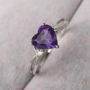 3.50Ct Heart Cut Simulated Purple Amethyst Wedding Ring In 14k White Gold Plated - Picture 1 of 5