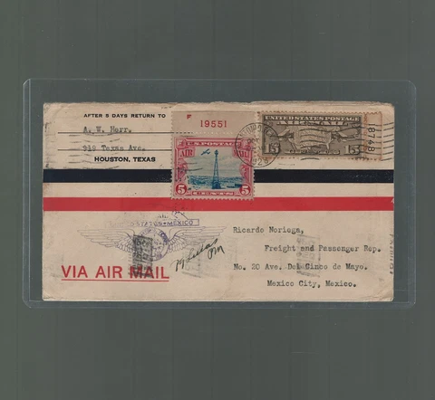 US First Flight Cover Texas Air Transport to Mexico 1928 US Sc c11 Plate Number Cover