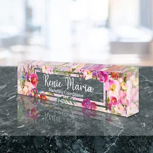 Personalisiertes Namensschild für Schreibtisch - Blumen auf klarem Acrylglas - ACS16 - Bild 1 von 4