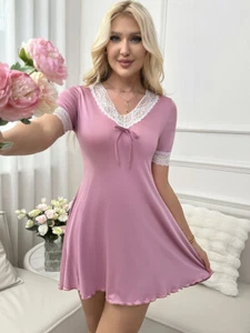 Women's Short-sleeved Nightdress Lace Sleepwear Soft Nightwear Mini Dress Gift - Picture 1 of 6