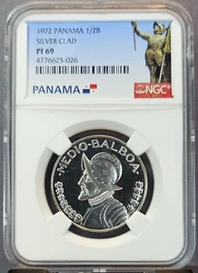 1972 PANAMA SILVER 1/2 BALBOA VASCO NUNEZ DE BALBOA NGC PF 69 HIGH GRADE BEAUTY - Picture 1 of 3