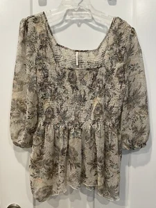 FREE PEOPLE IVORY SMOCKED SHEER TOP  SIZE LARGE - Picture 1 of 8
