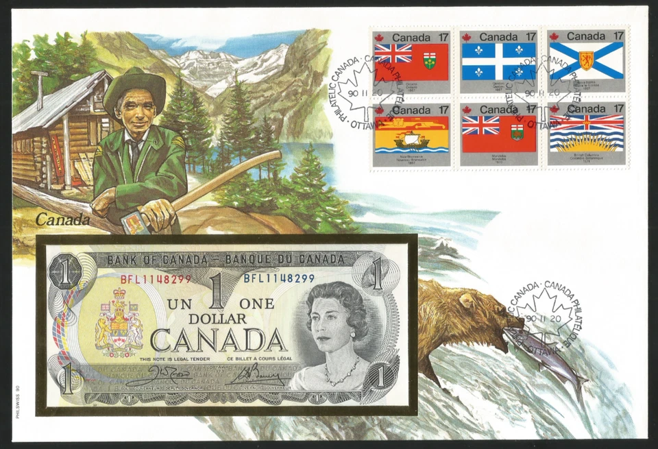 Canada 1990 Stamps FDC + Papermoney UNC 1 Dollar 1973 Ottawa Flags Bear Fish - Image 1 of 1