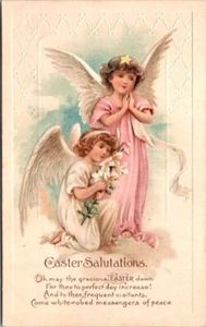 Postal de Pascua vintage ángeles en oración... Saludos de Pascua Z534 - Imagen 1 de 2