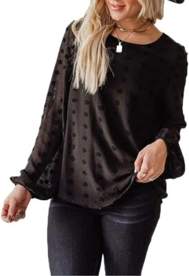 Blusa de chifón para mujer punto suizo informal cuello redondo manga larga pompones camisas XL Foto 1 de 4