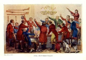 FOX HUNTERS TOAST SPORTSMEN 1903 ANTIQUE COLOR PRINT FOX HOUNDS DOGS HUNT - Picture 1 of 1