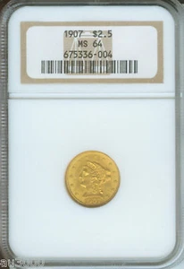 1907 $2.5 LIBERTY QUARTER EAGLE NGC MS64 MS-64 Near GEM OLDER HOLDER ! - Picture 1 of 4