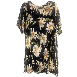 Nostalgia Black Floral White Daisy Flair Print Crinkle Dress Women’s Size Large - Picture 1 of 5