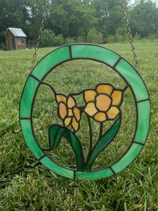 Vintage Stained Glass Suncatcher Yellow Flower Window Hanging Picture Oval Decor - Picture 1 of 2