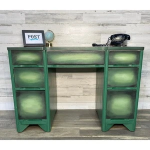 Moss Green Mid Century Desk Refinished Airbrush Style Solid Wood Dovetailed - Picture 1 of 10
