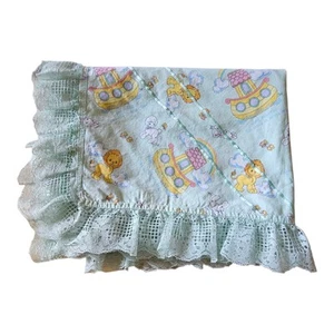 VTG Noah's Ark Baby Blanket Mint Green Lace Border Lion Bunny Lamb Butterflies - Picture 1 of 9