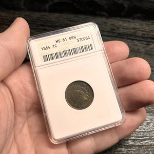 1865 Indian Head Cent Old ANACS Soapbox Holder MS61 BRN - Picture 1 of 5