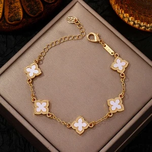 Bracciale quadrifoglio portafortuna placcato oro bianco charm gioielli delicati per lei - Foto 1 di 1