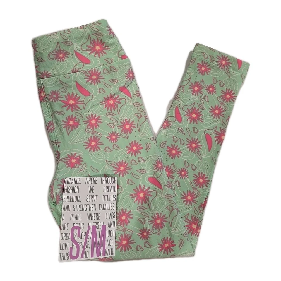 LuLaRoe Kids Leggings S/M Light Mint Green & Pink Floral Flowers - NWT 😍 - Imagem 1 de 1
