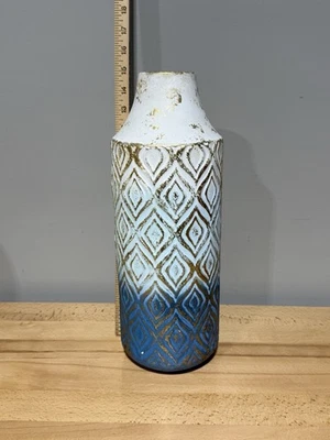 Metal Floor Vase 15” tall - Blue & White with a gold accent - weighted base - Image 1 of 4