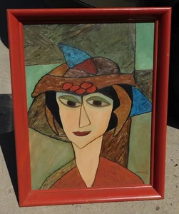 Vintage MODERNIST OIL PAINTING GIRL PORTRAIT , SIGNED MYSTERY ARTIST - Picture 1 of 3