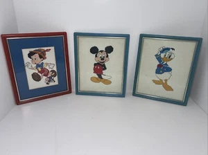 Vintage Disney Mickey Mouse Donald Duck & Pinocchio Needlepoint Portrait Framed - Picture 1 of 4