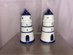 Lighthouse Salt and Pepper Shakers Hand Painted White And Blue - Picture 1 of 4