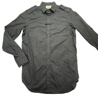 Camisa masculina Diesel pequena preta algodão manga longa bainha redonda botão militar - Imagem 1 de 4