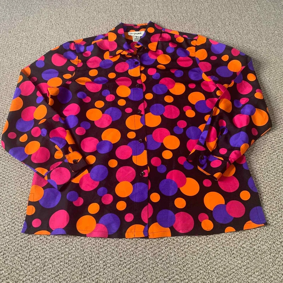 Camisa Blusa Easy Spirit Mujer Talla Mediana Negra Seda Polkadot Abotonada Foto 1 de 4