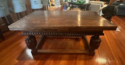 Antique English Oak Carved Draw Leaf  Dining Center Console Refectory Table - Image 1 of 4