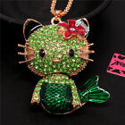 Fashion Women Rhinestone Green Enamel Mermaid Kitty Cat Crystal Chain Necklace