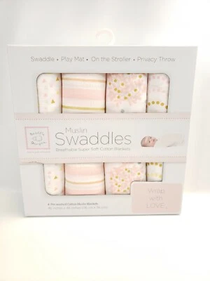 SwaddleDesigns Mantas de Muselina de Algodón, Juego de 4, Rosa Celestial Floral Foto 1 de 4