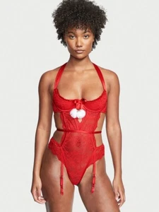 Victoria's Secret Red Large Very Sexy Candy Cane Lace Teddy Pompom Lingerie New - Picture 1 of 12