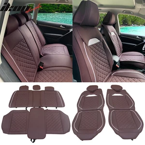 Universal Front Back Car Seat Cover 03 Style Brown + White PU Leather 5-Seat Set - Picture 1 of 19