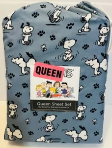 PEANUTS Snoopy QUEEN Size Blue Sheet Set (snoopy paws active) Blue Background - Picture 1 of 4
