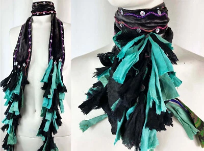 Chan Luu 2 Way Choker Shreds Scarf Boho Long Velvet Blue Black Fringe - Image 1 of 4