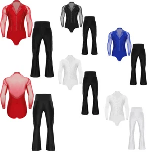 Herren 2 Stück Latein Tanz Outfits Langarm Ballsaal Tanz Trikot mit Hose - Bild 1 von 73