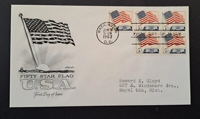 Flag, Scott# 1208, blk 5 on FDC w/ Artmaster cachet, Washington D.C. Jan 9, 1963 - Image 1 of 2